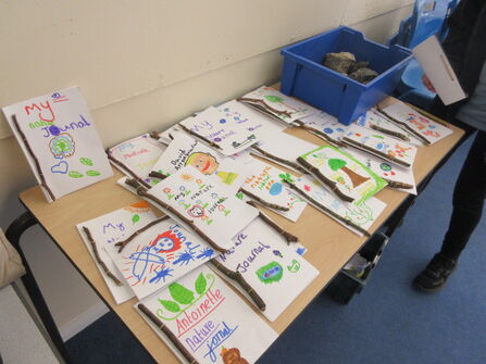 Brightly coloured drawings laid out on a school table