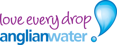 Anglian Water logo - purple and blue lower case words, alongside a large blue drop of water against a grey chequered background