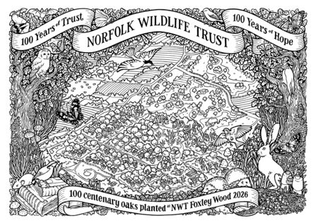 A black and white illustrated map of Foxley Wood and some of the wildlife found there