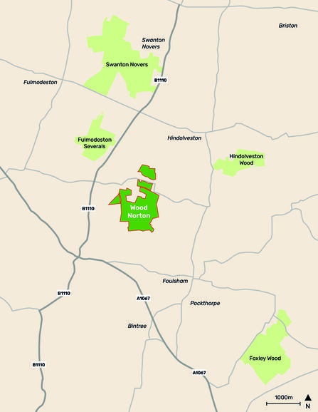 A map showing where Wood Norton is