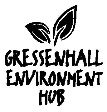 Black and white Gressenhall Environment Hub logo with black writing and a drawing of two black leaves
