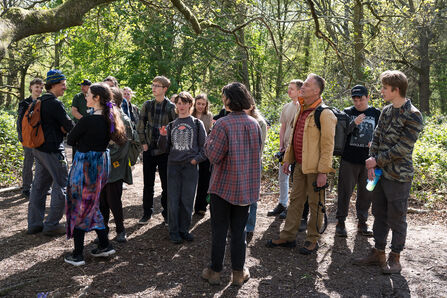 A group of people standing in a group in woodland on a sunny day, looking around and chatting