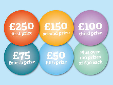 £250 first prize £150 second prize £100 third prize £75 fourth prize £50 fifth prize plus over 100 prizes of £30 each
