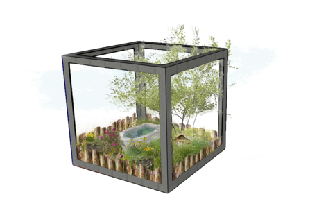 A metal cube frame houses a wildlife garden