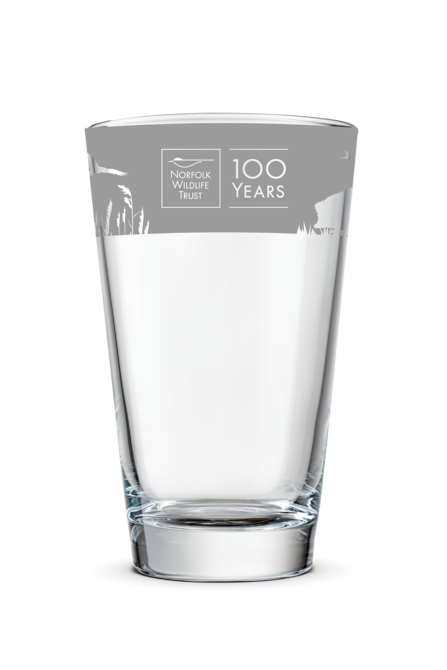 A pint glass with our Norfolk Wildlife Trust centenary logo on it. 