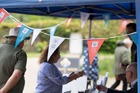 Colourful bunting with the Norfolk Wildlife Trust centenary branding on it. It's a sunny day and there are people milling around a marquee in the background. 