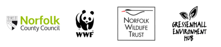 Four logos in a horizontal row, for Norfolk County Council, WWF, Norfolk Wildlife Trust and Gressenhall Environment Hub