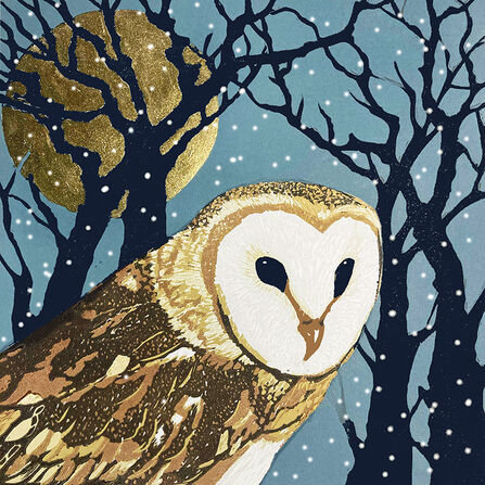 Artwork of a barn owl in the snow with silhouetted trees and a golden full moon in the background