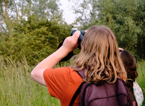 Two people pictured from behind, using binoculars to look up into a tree at Sweet Briar Marshes. The person in the foreground has shoulder length dark blonde hair and is wearing an orange t-shirt and purple backpack.