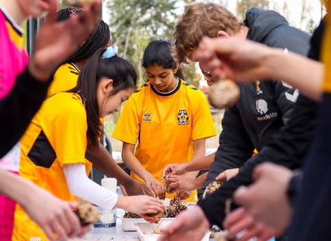 A group of young people in football kits make bird feeders from pine cones