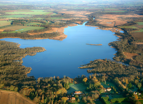 An aerial photo of a large body of water surrounded by vegetation
