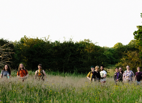 A group of people walk through a field lined with trees