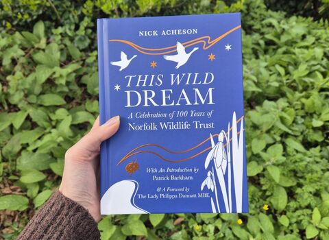 A cobalt blue book with white and copper wildlife illustrations is held against a background of green plants