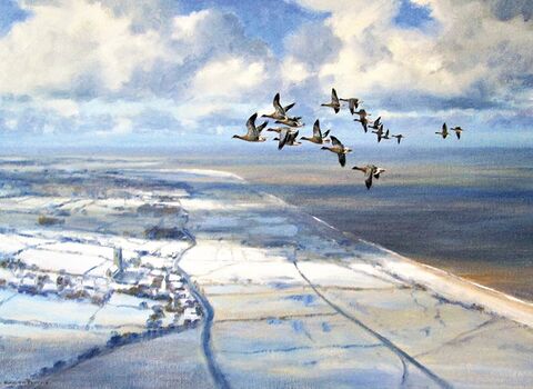 A painting of pink-footed geese flying over a snowy Norfolk.